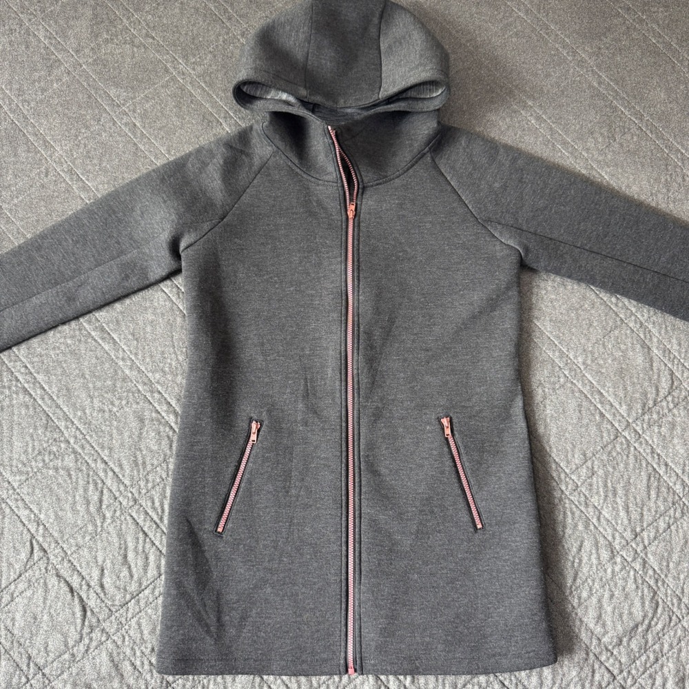 Zella Womens Gray Longline‎ Full Zip Hoodie Jacket Thumbholes Medium 8/10